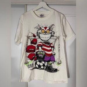 White Graphic T-Shirt with Cat and Soccer Design
